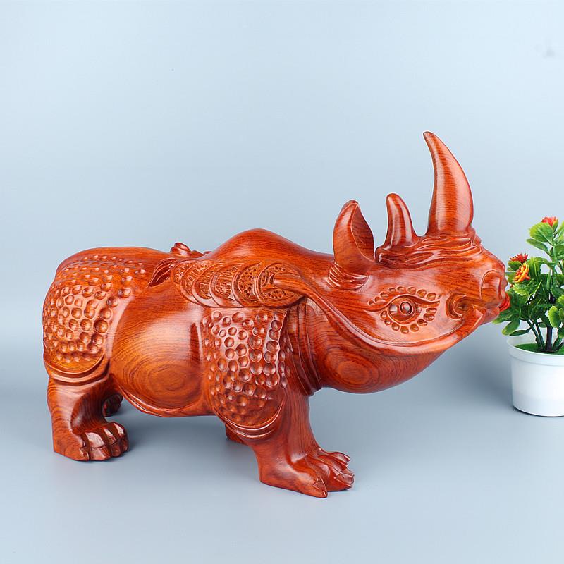 花梨动物木雕实木犀牛摆件 办公家居饰品摆设工艺品