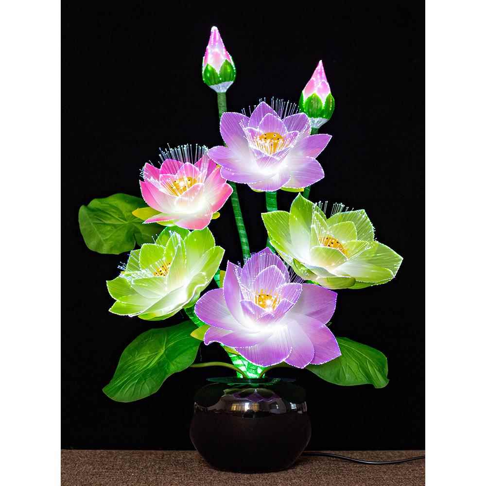 盆景花七彩灯光纤荷花灯LED莲花灯佛灯佛前供花感应灯睡莲供佛家