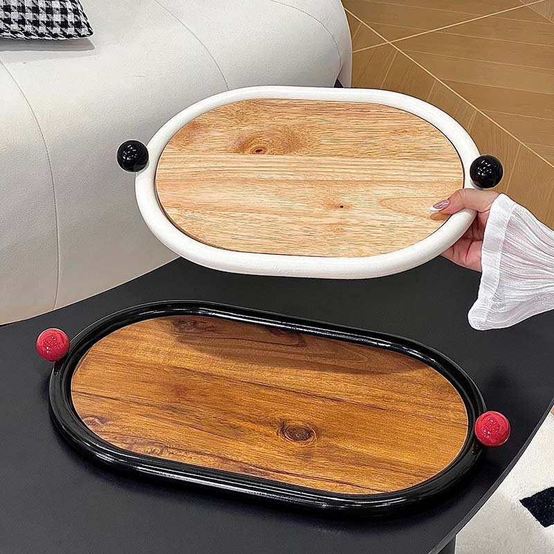 奶油风双耳椭圆形实木托盘日式高颜值家用餐厅茶几杯具收纳盘批发