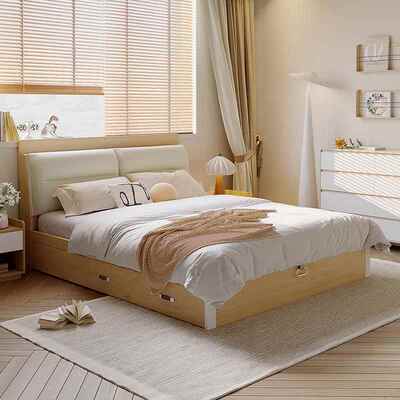 木月双人床家用主卧收纳床简约原木色卧室床板式气压储物床高箱床