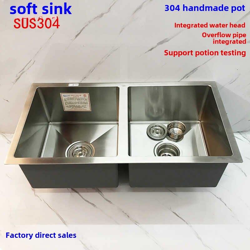 软加厚手工双槽厨房水槽304不锈钢蔬菜水槽洗碗水槽家用水槽7942