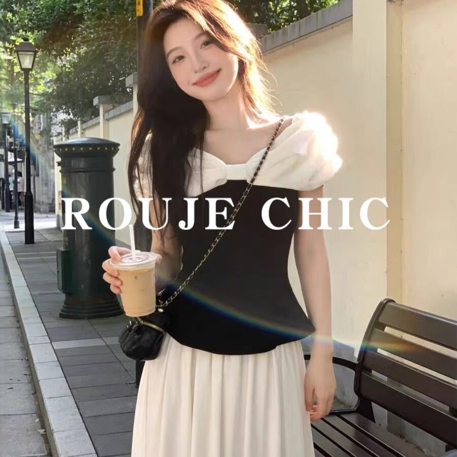 法国rouje chic法式蝴蝶结一字肩短袖衬衫女夏季小众撞色收腰上衣