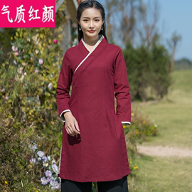 汉服禅意女装长袖茶服中国风改良旗袍棉麻连衣裙美容院采耳工作服