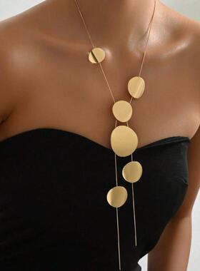 Golden Disc Y-Shaped Necklace Exaggerated Style Charm