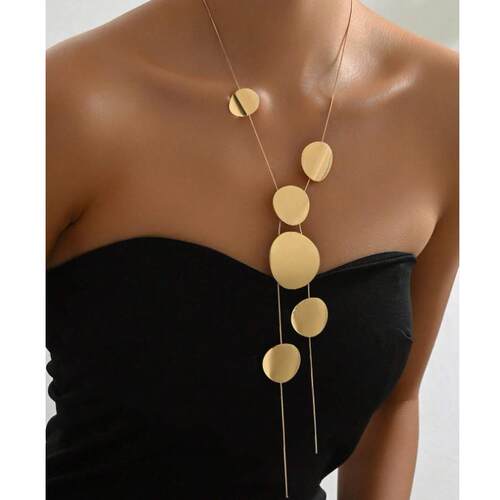 Golden Disc Y-Shaped Necklace Exaggerated Style Charm