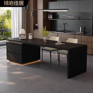 意式 极简齐平岛台餐桌一体家用纯黑岩板中导台定制轻奢高级餐倒台