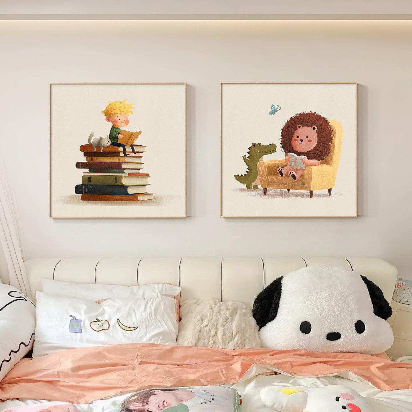 儿童房卧室装饰画卡通动物男孩女孩房间床头画挂画正方形书房壁画