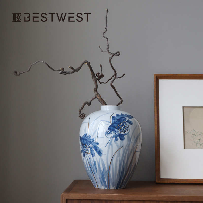 轻奢高级感青花瓷花瓶摆件景德镇陶瓷花器新中式客厅餐桌水培器皿