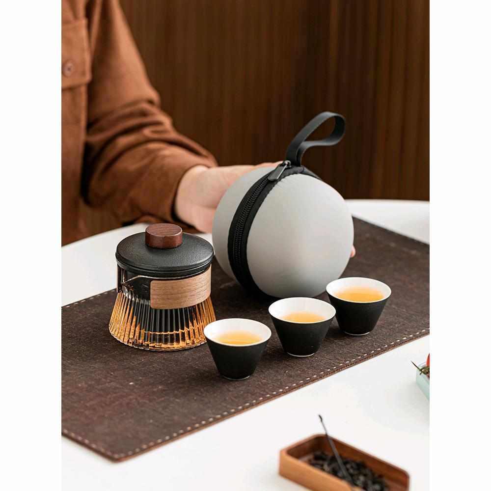 玻璃旅行茶具便携式快客杯个人专用随身包套装户外功夫茶杯泡茶壶