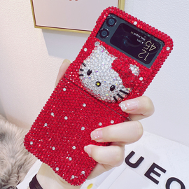 适用三星galaxyzflip3手机壳带钻s22手机保护壳红色水钻kitty猫KT