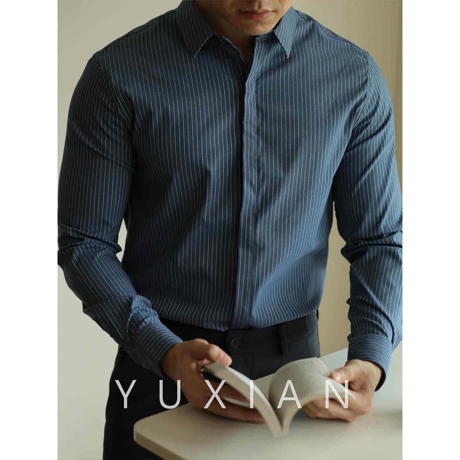 YUXIAN高密色织条纹长袖衬衫易打理抗皱免烫微弹正装休闲商务男士