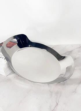 不锈钢304圆形提手酒店托盘西餐餐盘轻奢家用酒具甜品盘