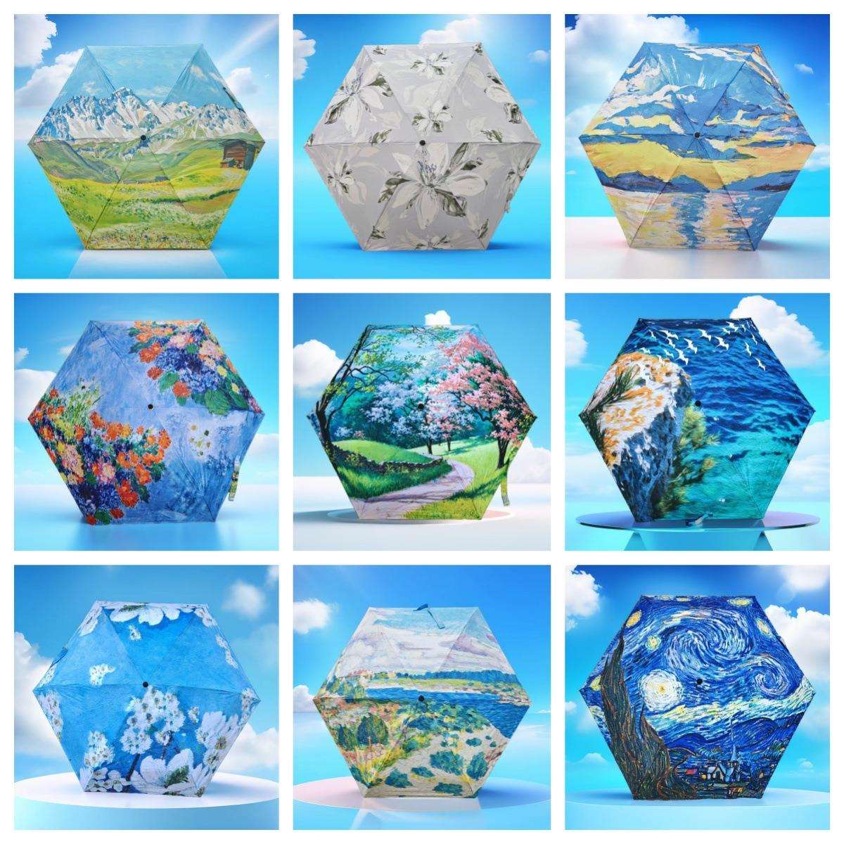 商柜货日系五折超轻超轻便携手绘插画纳米金胶黑胶防晒太阳伞