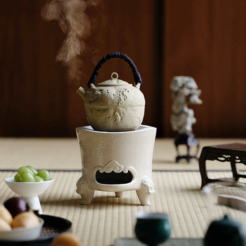 束刻 全手工粉引三省风炉耐火泥白泥复古日式围炉煮茶碳炉茶事