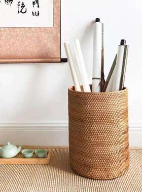 织东南亚放藤手编工编书画筒中式书房收纳筐卷4512轴画字画纸桶