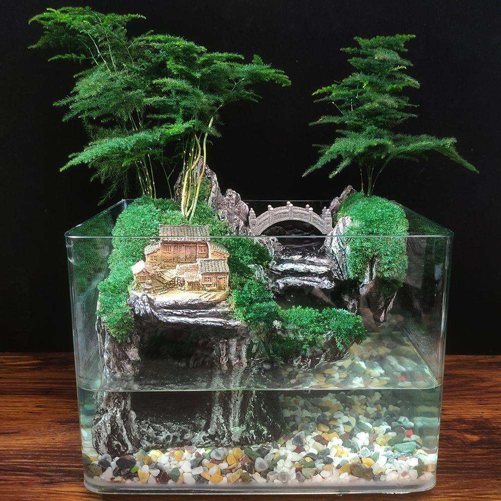 流水水培办公桌盆景植物室内鱼缸造景造景流水生态瓶苔藓微景观版
