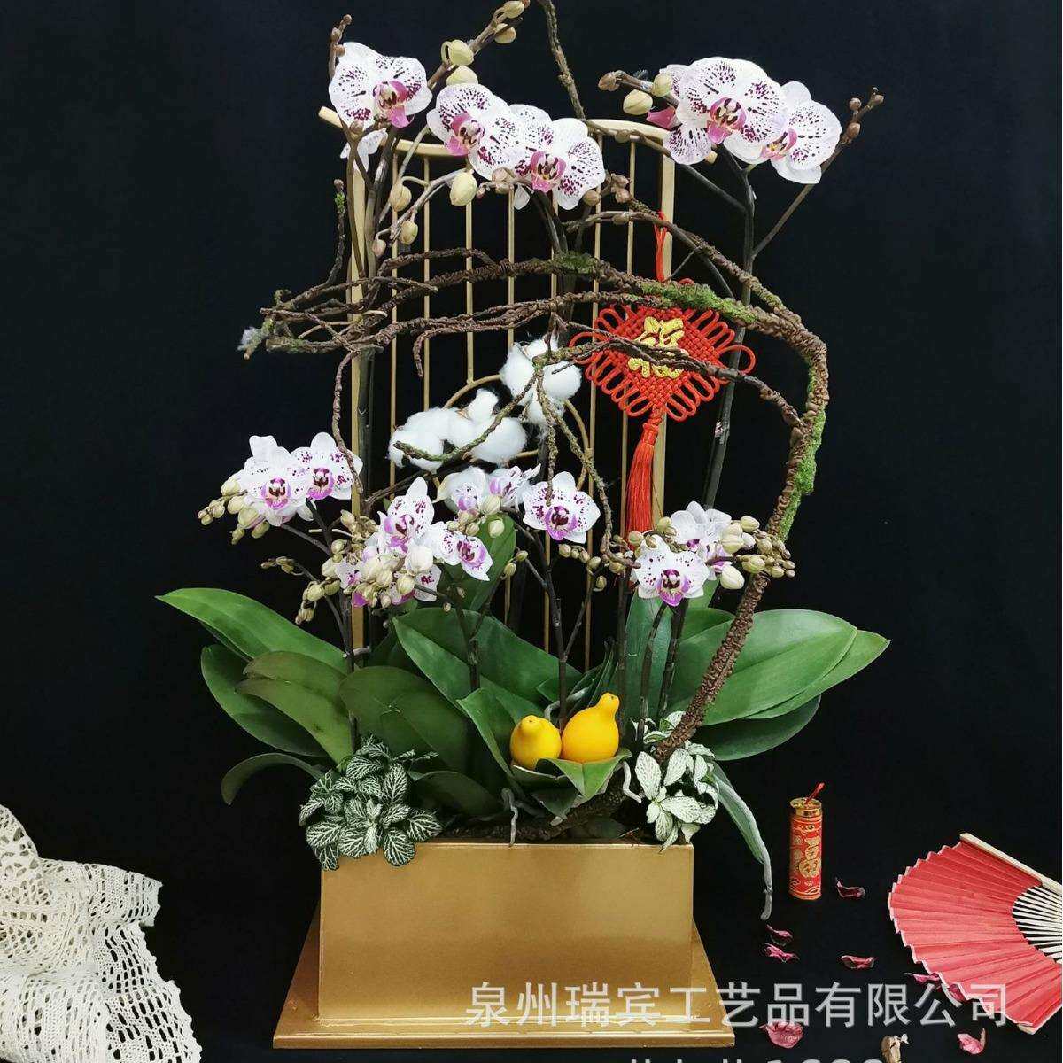 新中式蝴蝶兰花架仿真植物花盆简约轻奢年宵花盆栽摆件造景装饰