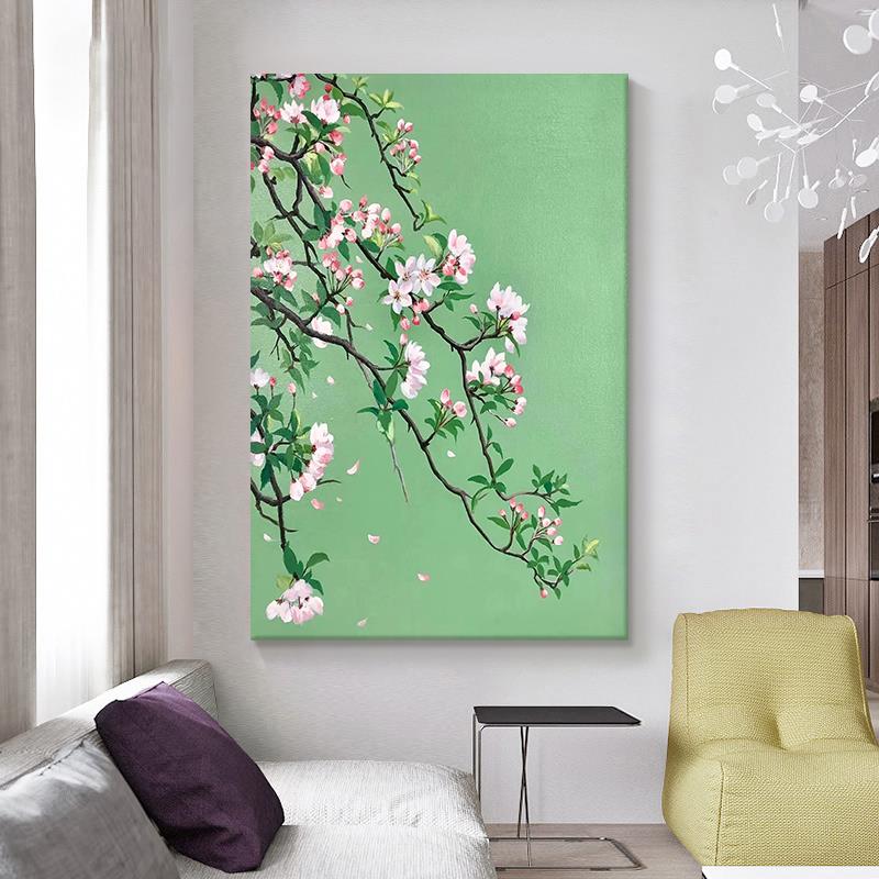 花开富贵海棠花手绘油画客厅抽象装饰画玄关绿色丙烯挂画餐厅壁画图片