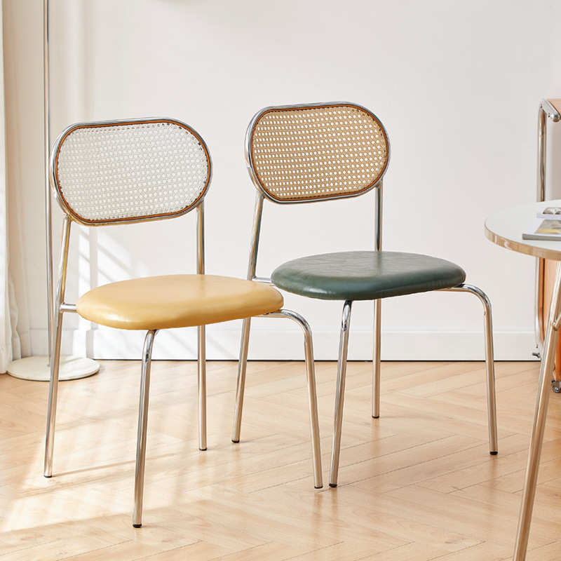 复古藤编靠背椅子北欧简约家用铁艺休闲民俗轻奢小户型中古风餐椅