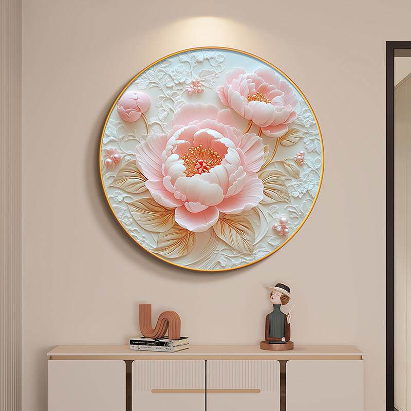 牡丹花圆形挂画 画奶油风客厅装饰画 画高级感玄关画 画花开 富贵