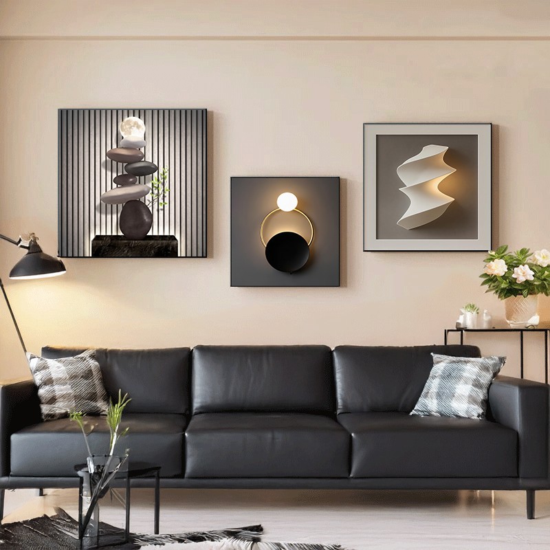 黑白灰抽象沙发背景墙三联壁画2025新款装饰画高级感客厅挂画简约