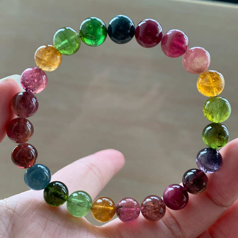 天然巴西水晶老矿油润彩虹碧玺手链多圈单圈糖果碧玺手串女款饰品