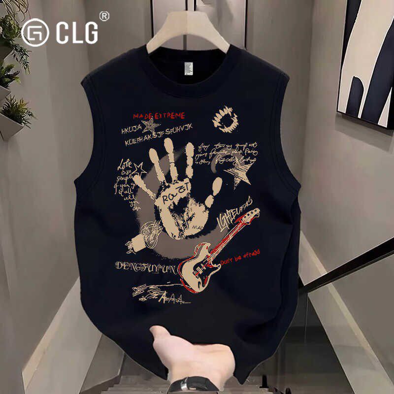 香港CLG潮牌纯棉美式高街印花无袖T恤男夏季高级感宽松背心上衣服