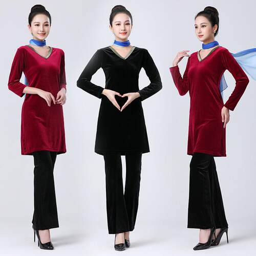 秋冬金丝绒形体礼仪训练服套装女模特走秀演出舞蹈练功服V领显瘦