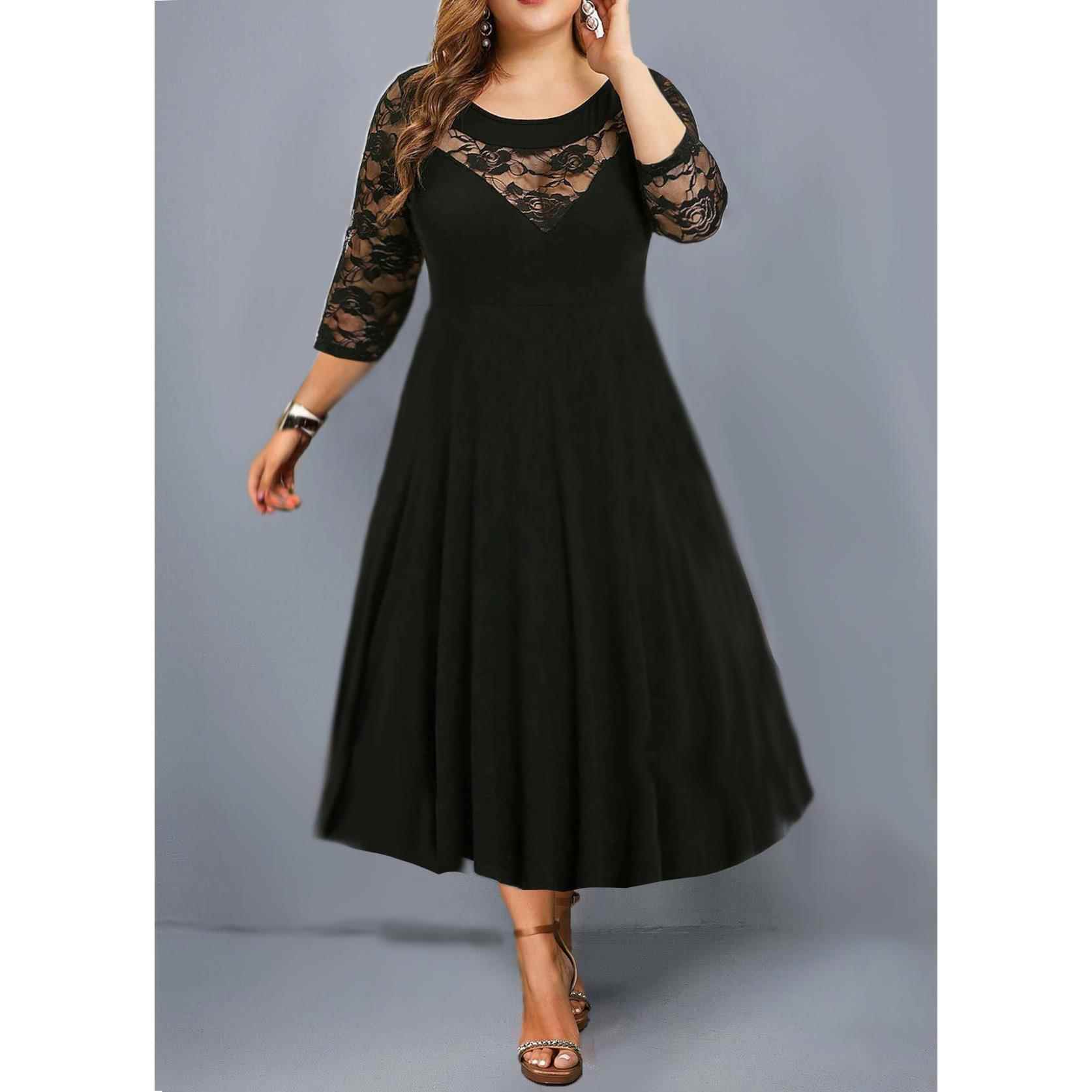 Lace stitching plus size women's three quarter sleeve dress