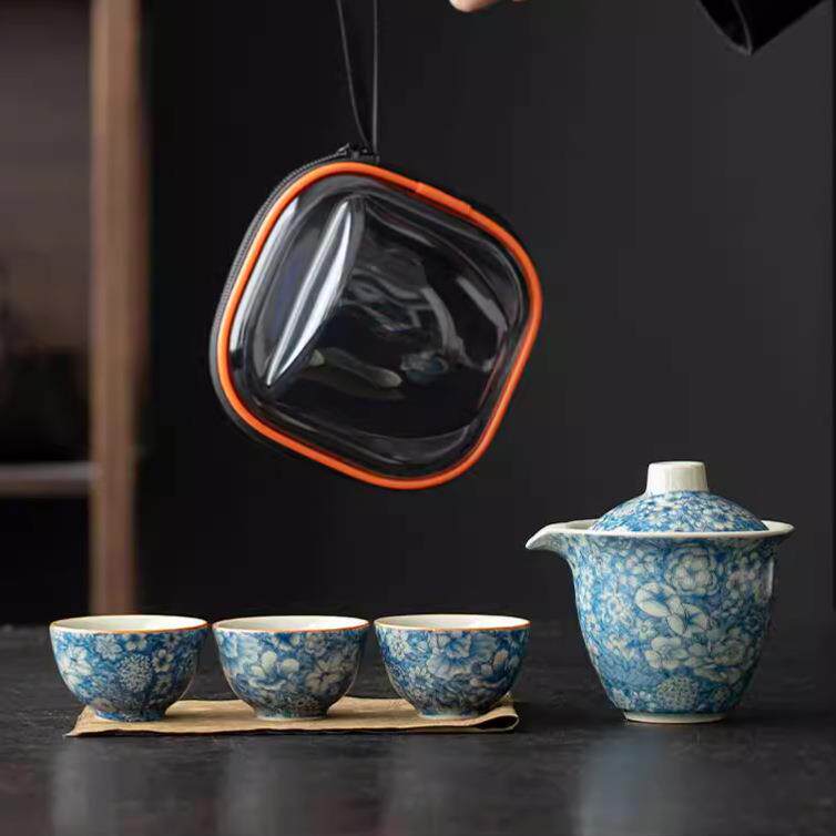 便携式青花旅行茶具汝窑老陶泥功夫茶具一壶三杯户外繁花快客杯