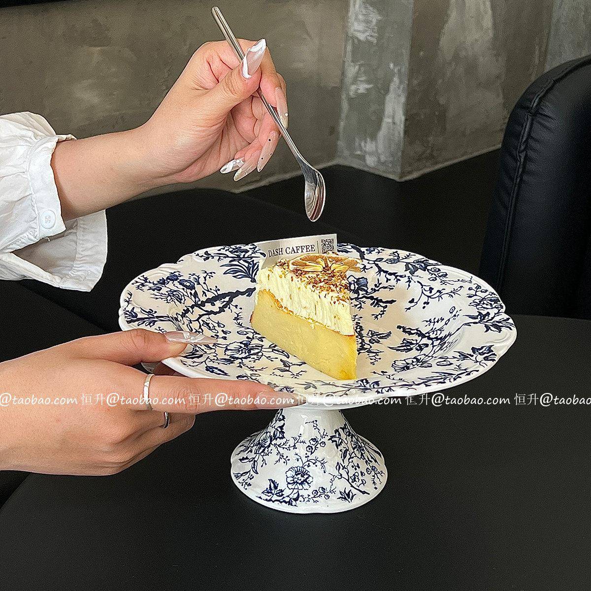 中式复古青花陶瓷高脚托盘摆件水果盘下午茶点心盘高颜值收纳盘