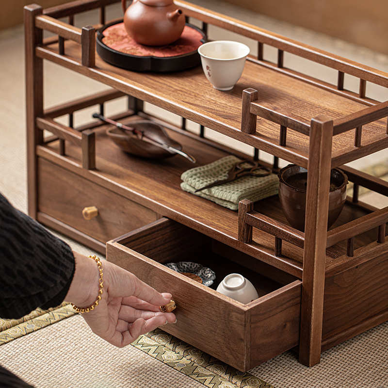 茶具收纳架北美胡桃木双层博古架中式实木茶壶紫砂茶杯沥水置物架