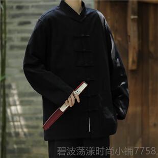 高档袖古亚麻唐装男秋季薄款中风青年衬衫七国分长中华中山装衬复