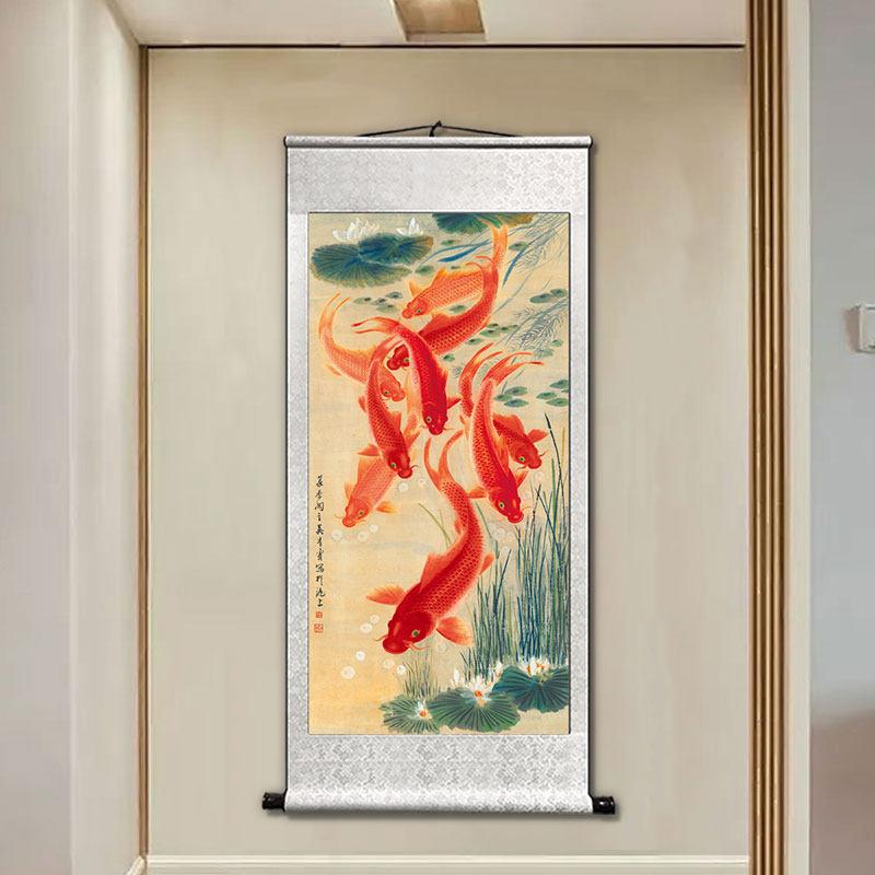 九鱼图进门生财玄关挂画聚财锦鲤客厅牡丹装饰画年年有余卷轴国画