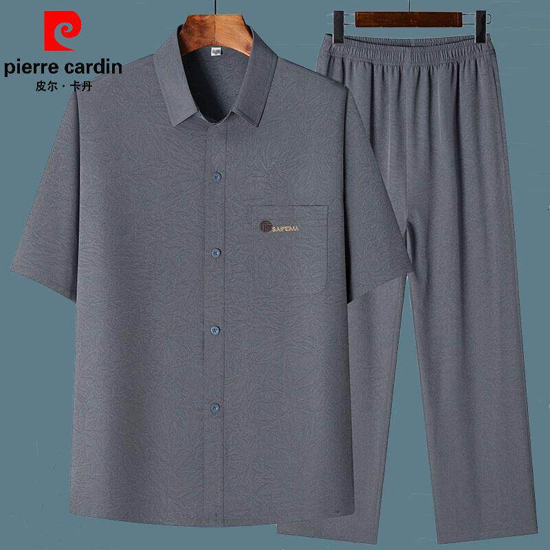 皮尔卡登中老年冰丝短袖薄款衬衫男夏季爸爸套装爷爷衣服男士衬衫