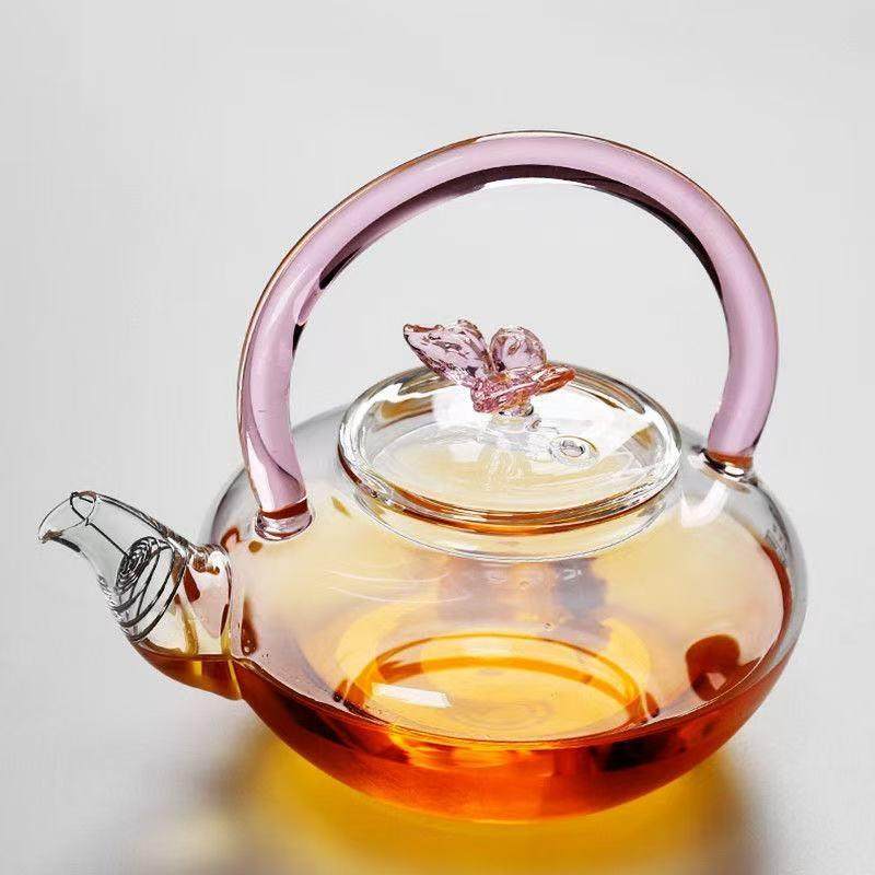 高颜值粉蝴蝶提梁壶，家用高硼硅玻璃煮茶壶泡茶壶电陶炉围炉茶具