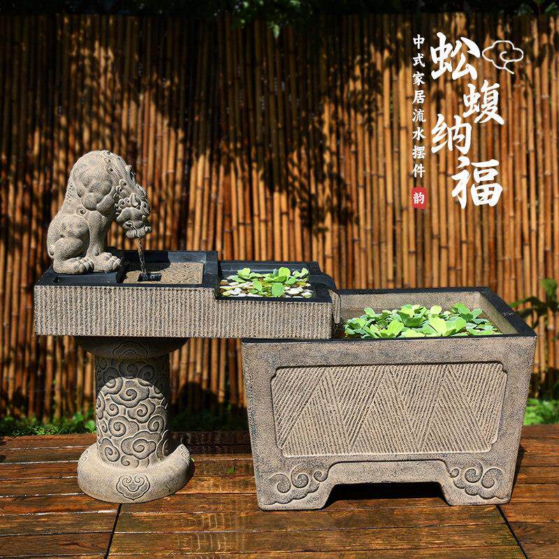 吸水兽方鱼缸水循环流水摆件 阳台花园造景布置树脂彷石鱼缸喷泉