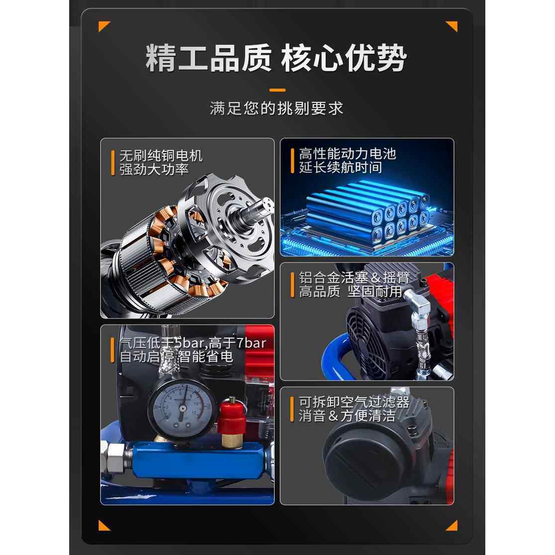 锂电空压机迷你便携式打气泵小型空气压缩机静音无刷锂电储气泵
