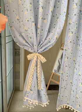 美式乡村田园蓝色小碎花半遮光棉麻窗帘布免打孔门帘阳台厨房飘窗