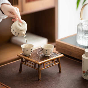 中式 梅鹿竹岩石台面小茶台禅意茶桌紫岩桌面置物架茶具收纳展示台