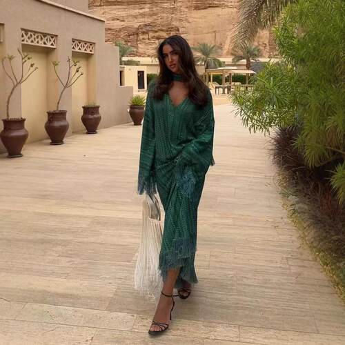 Women's long robe with tassel print V-neck dress