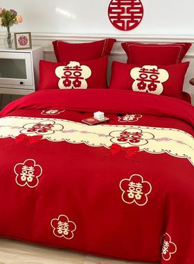 0Z婚庆四套大B红色被件套单床mN5asGbn笠款结婚床上用品新婚喜被
