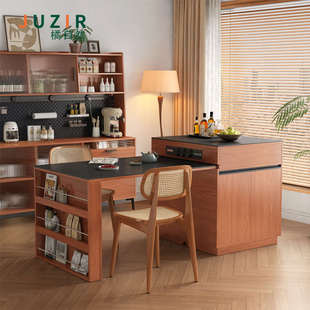 中古岛台餐桌一体可伸缩家用樱桃木单岛台带岩板餐边柜吧台带电轨