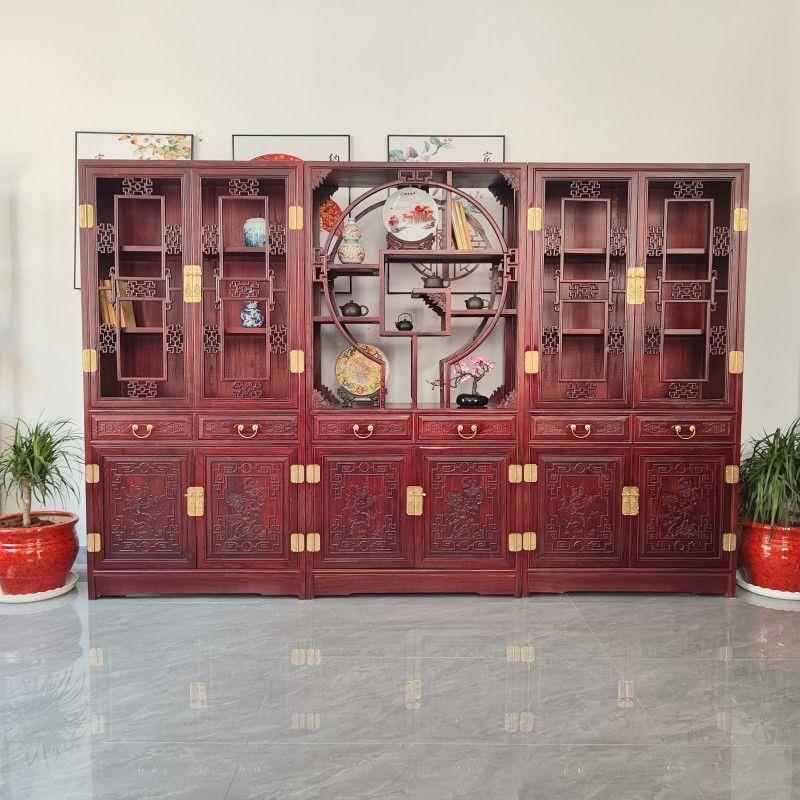 新中式实木书柜三组合落地一体靠墙置物架展示柜家具仿古榆木书架