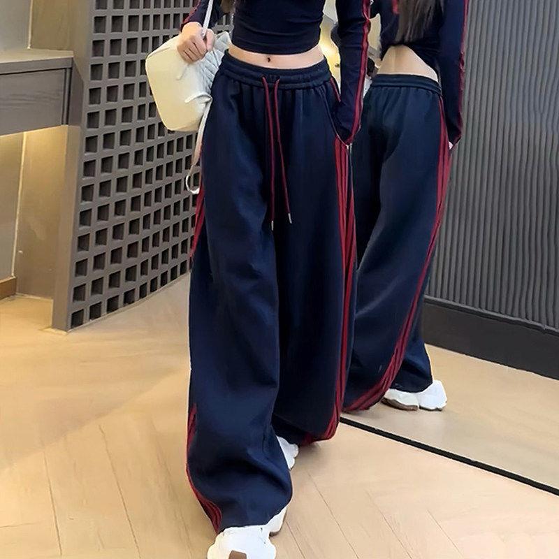 SPYB美式运动裤女春秋新款时尚条纹运动休闲裤百搭宽松高腰直筒裤