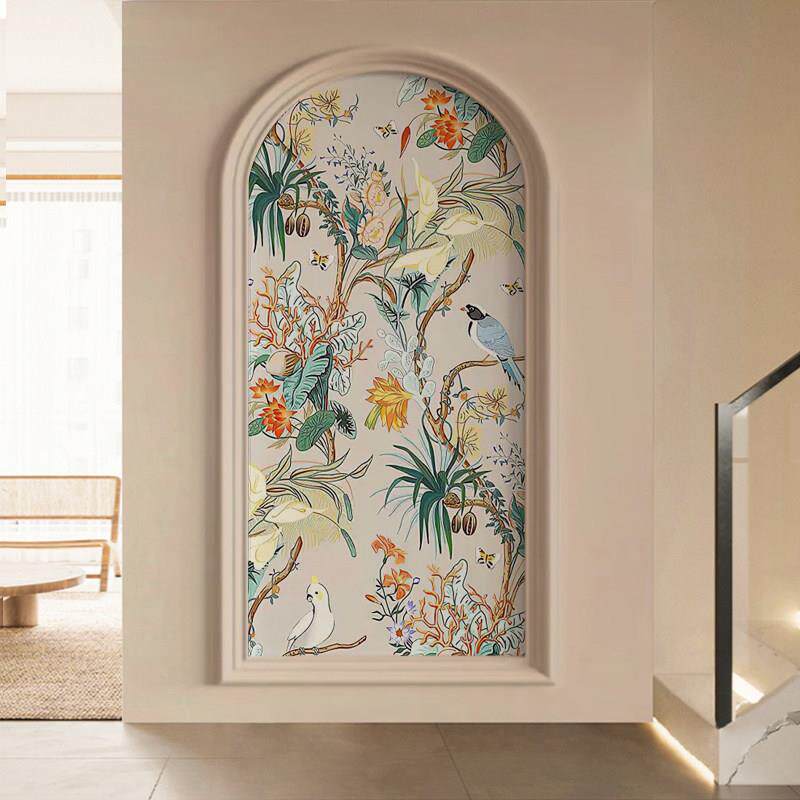 喜上眉梢新中式花鸟画客厅玄关墙布装饰画拱形走廊过道背景墙壁纸