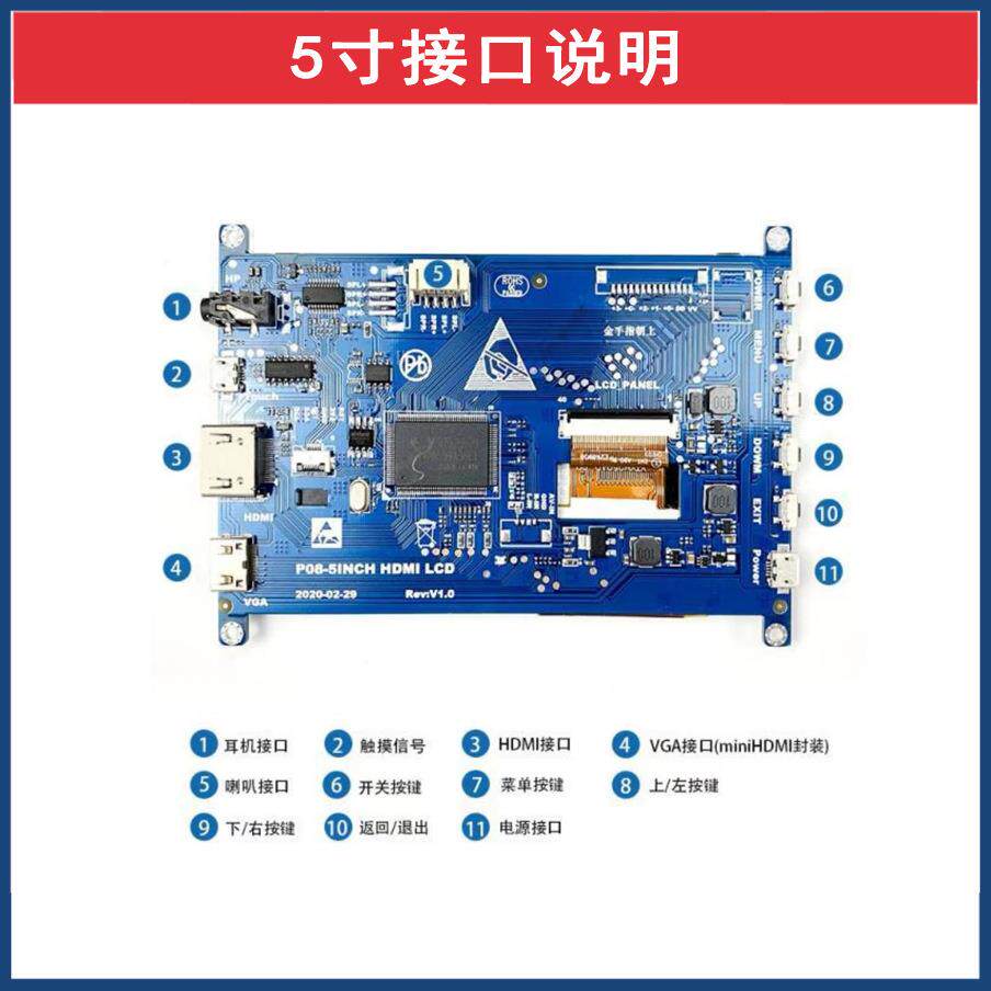5寸树莓派显示屏4B/3B工控屏IPS高清电容触摸屏HDMI显示器