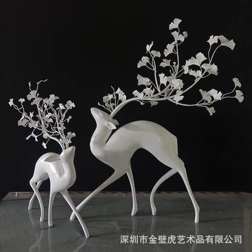 鹿雕塑金属银杏叶鹿摆件仿铜钱吉祥鹿小品小区花园动物创意鹿摆件