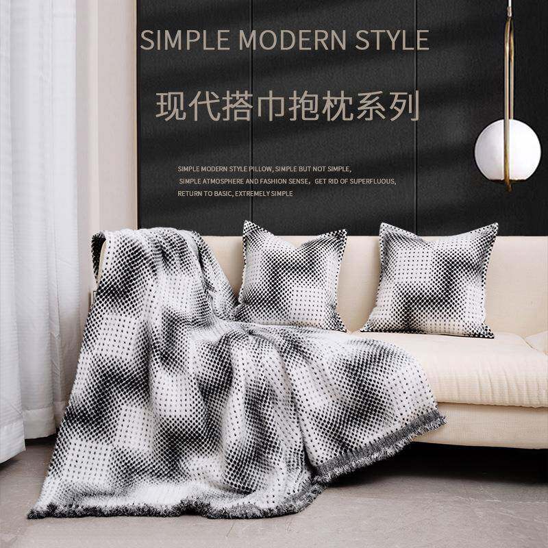 现代简约仿貂绒黑白客厅沙发盖毯毛毯酒店民宿床尾巾毯子秋冬披肩