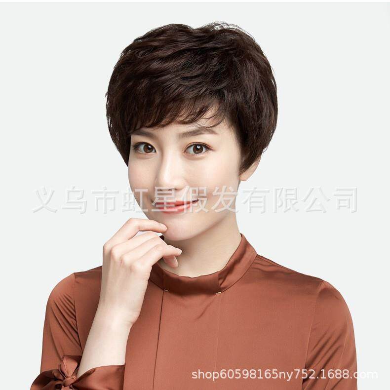 新款直销妈妈假发夏季 全头套逼真整顶发 中老年遮白发 深棕色偏